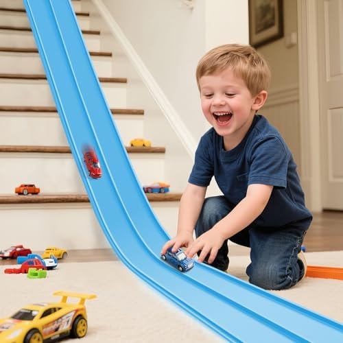 INKZOO Flexible Race Track for Kids Flexible Car Track 15Ft Race Track Compatible with Diecast 1/64th Cars, Flex Tracks Roll Up Car Ramp Toy with Strong Suction Cups