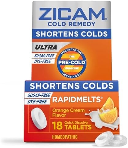Zicam Ultra Cold Remedy Zinc Rapidmelts, Orange Cream Flavor, Homeopathic, Cold Shortening Medicine, Shortens Cold Duration, Sugar-Free, Dye-Free, 18 Count