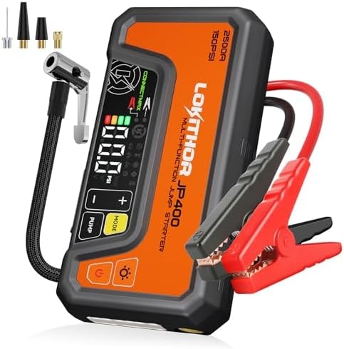 LOKITHOR JP400 Jump Starter with Air Compressor, 2500A 12V Portable Car Battery Booster Pack (8.5L Gas/6.5L Diesel) with ConnectMax Tech, 150PSI Tire Inflator, Auto-Shutoff & Dynamic Dwell (Orange)