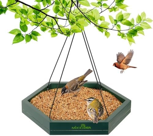 MIXXIDEA Platform Bird Feeder Tray, Hanging Bird Feeders for Outdoors, Wooden Seed Tray Mesh Seed Platform for Garden Yard Outside Decoration Attracting for Wild Birds (1pk-Green)