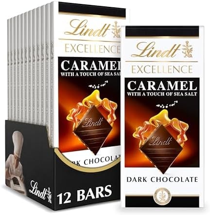 Lindt EXCELLENCE Caramel Sea Salt Dark Chocolate Bar, Dark Chocolate Candy with Pieces of Caramel and Sea Salt Crystals, 3.5 oz. (12 Pack)