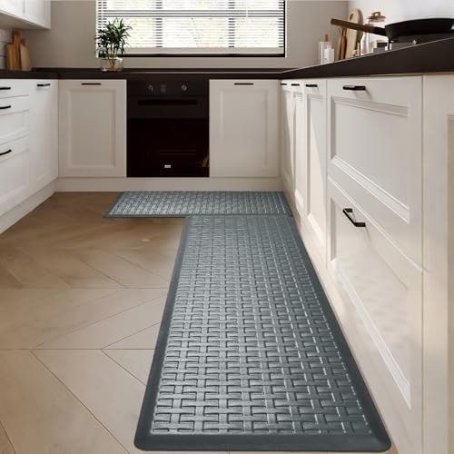 2PCS UKISS Kitchen Rugs, Cushioned Anti Fatigue Kitchen Mats for Floor, Waterproof Kitchen Rug,Non-Slip Comfort Standing Mat for Kitchen (Grey, 17.3"x28"+17.3"x60")