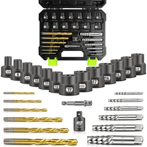 Mr.wintek 27-Piece Bolt Extractor kit, Easy Out Screw Extractor Set with Left Hand Cobalt Drill Bits, Hex Adapter, 1/2" F to 3/8" M Reducer for Broken, Damaged, Rusted, Rounded-Off Bolts, Nuts