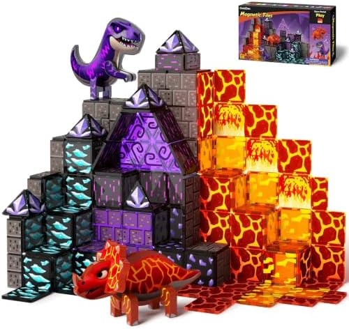 GobiDex Dinosaur Magnetic Tiles Set, Lava Cave Dinosaur Toys for Kids 3+
