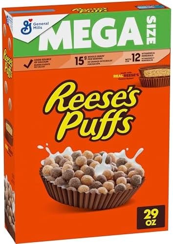 Reese's Puffs Chocolatey Peanut Butter Breakfast Cereal, Mega Size, 29 oz