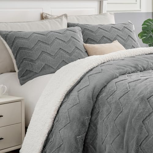 BEDELITE Fluffy Sherpa Queen Comforter Set,Grey
