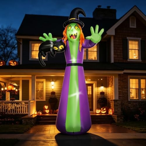 12 FT Giant Halloween Inflatables Witch Outdoor Decoration-Huge Blow Up Spooky Witch Grabbing Black Cat with Built-in LEDs – Tall Halloween Yard Decor for Lawn Party, Garden & Front Yard