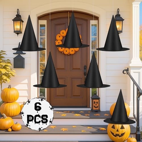 6Pcs Halloween Witch Hats Decorations, Black Hanging Witch Hats for Halloween Porch Decor, Floating Hat with 115 FT Nylon Cord, Thickened Wizard Hat Bulk for Scary Party Supplies Indoor Outdoor