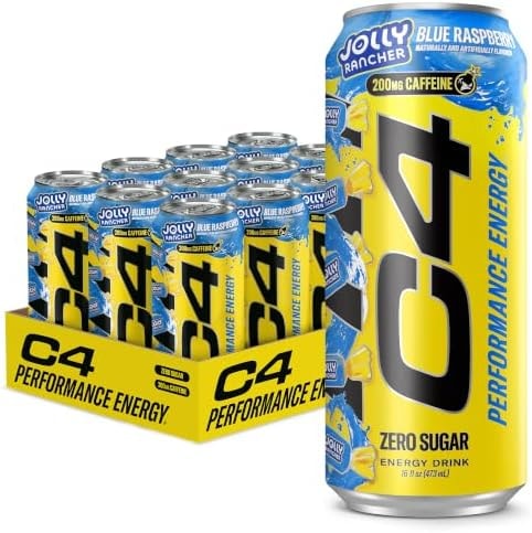 C4 Performance Energy Drink, Jolly Rancher Blue Raspberry, Zero Sugar Carbonated Preworkout Energy, 200mg Caffeine with Beta Alanine, 16 Fl Oz (12 Pack)