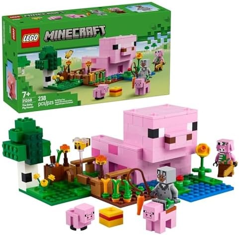 LEGO Minecraft The Baby Pig House Toy Figures and Playset - Building Minecraft Toy for Kids, Boys and Girls, Ages 7+ - Gift for Birthdays - with 2 Minifigures for Pretend Play - 21268