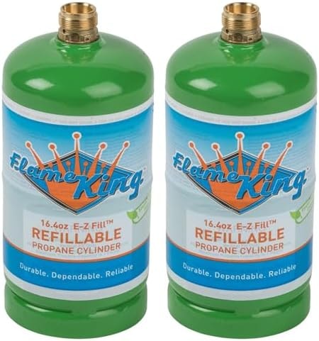 Flame King 1LB EMPTY Propane Cylinder Tank – Refillable – Reusable – Safe and Legal Refill Option – DOT Compliant – 16.4 oz for Camping, Backpacking, and Hiking (2-Pack), Green (YSN164-2)