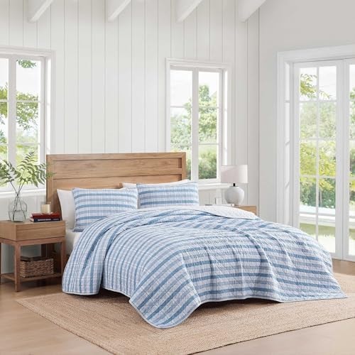 Tommy Hilfiger - Full/Queen Quilt Set, Cotton Textured Bedding with Matching Shams, Medium Weight Bed Set, European Closure, Oeko-TEX Certified (Dreamy Plaid Blue)