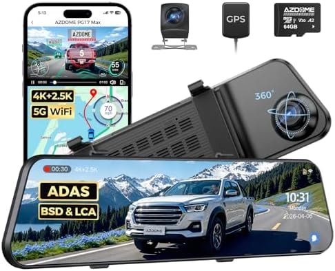 AZDOME PG17 Max 4K+2.5K Mirror Dash Cam, 12" Front and Rear Camera with Night Vision AR Effects, ADAS BSD & LCA, Voice Control, 5.8GHz WiFi GPS, 24H Parking Monitor, for Cars Trucks RVs, 64GB Card