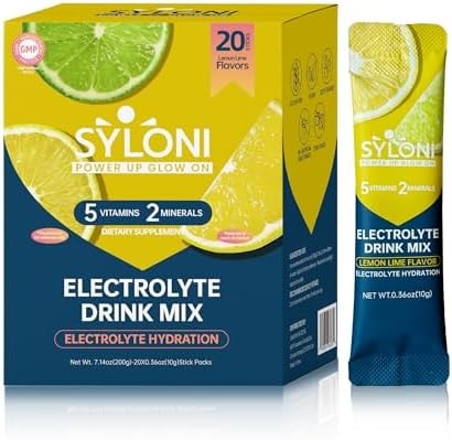 Syloni Electrolytes Powder Packets, Lemon Lime 20 Sticks, Sugar Free Hydration Packets Electrolyte Drink Mix with 7 Vitamins and Electrolytes, Keto Friendly, Vegan, Gluten Free