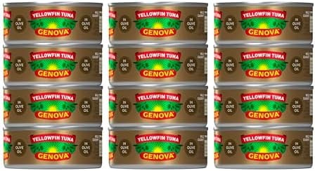 Genova Premium Yellowfin Tuna in Olive Oil, 5 Ounce Cans (Pack of 12), Wild Caught Canned Tuna, Solid Light