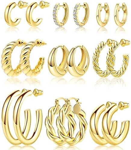 Adoyi Gold Hoop Earrings Set for Women Girls Trendy 14K Plated Gold Hoops Small Chunky Earrings Twisted Huggie Ear ring Pack Lightweight 9 Pairs Jewelry Set for Valentines Mother's Day Birthday Gifts