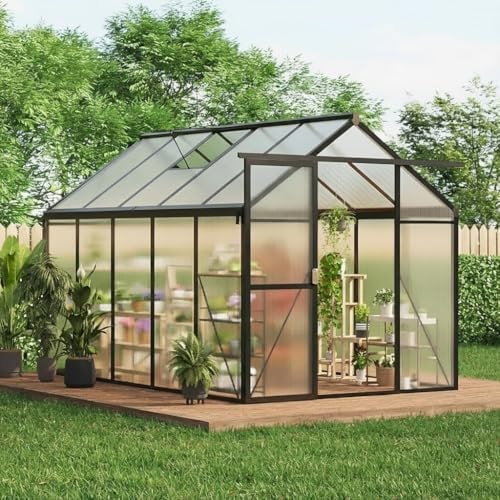 6x10 FT Greenhouse, Easy Assembly Aluminum Polycarbonate Greenhouses for Outdoors with Roof Vent, Large Aluminum Walk-in Greenhouse for Sunroom Patio, Backyard, Garden, Sliding Lockable Door, Black