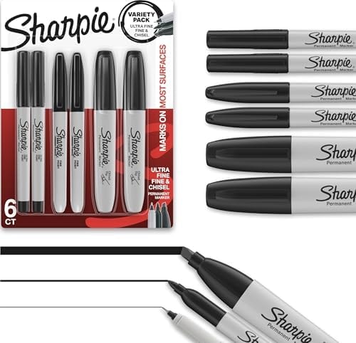 Sharpie Permanent Markers Variety Pack, Includes Chisel, Fine, and Ultra-Fine Tips, Black, 6 Count - Poster, Office, School Supplies