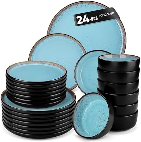 vancasso Plates and Bowls Sets, 24 Pieces Stoneware Dinnerware Sets for 8, Kitchen Dish Set Mircowave and Dishwasher Safe Ceramic Dishware, Blue, Series AMBER