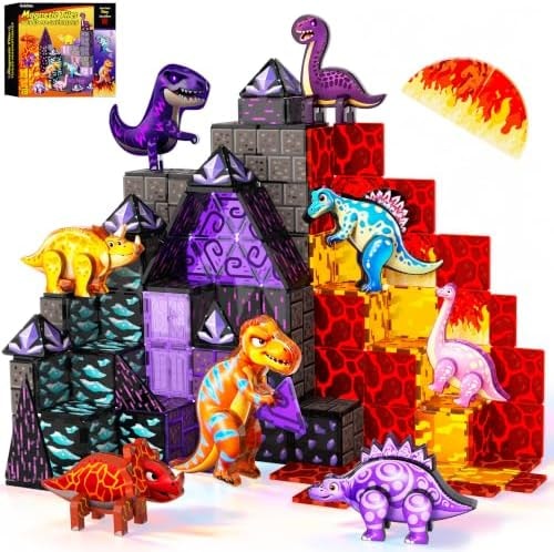 100PCS Magnetic Tiles Dinosaur Toys Building Set with 8 Movable Dinosaurs