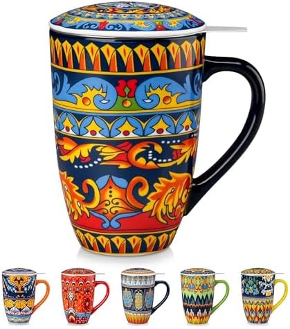 vancasso 18 Oz Tea Infuser Mug with Lid, Midnight Peacock