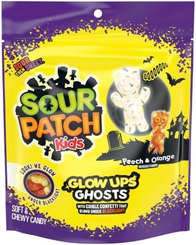 SOUR PATCH KIDS Glow Ups Ghosts Soft & Chewy Gummy Halloween Candy, 8.37 oz