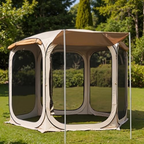 East Oak 12×12 FT Pop Up Canopy Tent with Mosquito Netting | Outdoor Screen House with 6 Sunshades | Instant Canopy with Portable Carry Bag | Gazebo Tent for Camping, Patio, Backyard and Beach | Beige