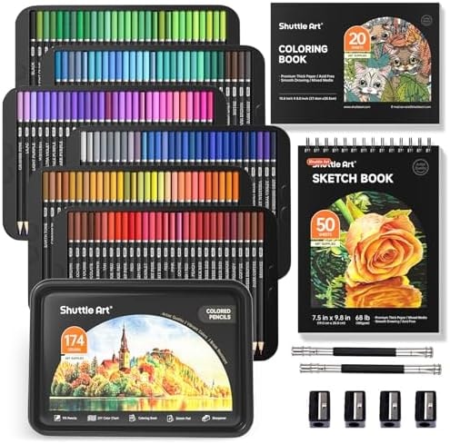 Shuttle Art 174 Colored Pencils for Adults, Soft Core Coloring Pencils Set with 1 Coloring Book, 1 Sketch Pad, 4 Sharpener, 2 Pencil Extender, Perfect for Artists Kids Adults, Drawing