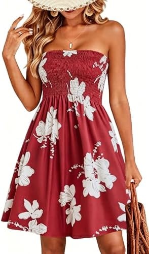 Sundresses for Women Casual Beach Summer Strapless Coverups Tube Tops Off The Shouder Dresses (WineRed,M)