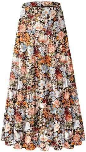 NiPaMi Women's Chiffon White Flowy Maxi Skirt Boho Summer Elastic Waisted Pleated A Line Long Skirts for Women 2026(Coffee Floral-24,S)