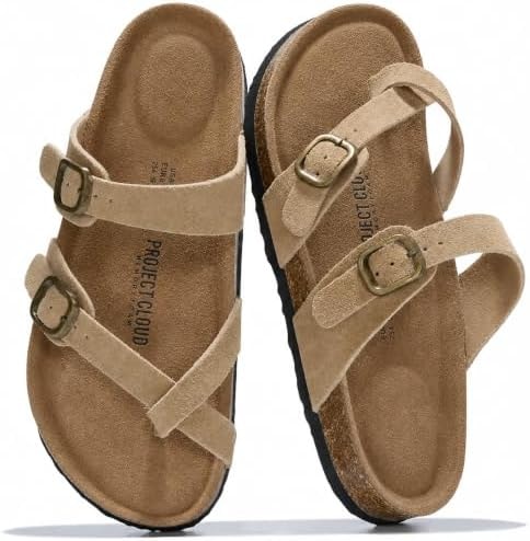Project Cloud 100% Genuine Leather Womens Sandals -Lightweight Womens Slides Memory Foam Insole & Cork Footbed Sandals Women - Non-Slip Beach Essentials Summer Sandals for Women 2026(Lian,CHSTNUT,8.5)