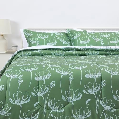 Amazon Basics 7-Piece Lightweight Microfiber Comforter Set, King, Green Floral