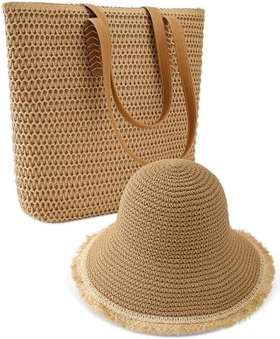 Beach Bags for Women & Sun Hat Set, Handmade Crochet Tote Bag for Summer Vacation, Beach Hat UPF50+ Protection, Perfect for Summer Travel & Beach Days Green