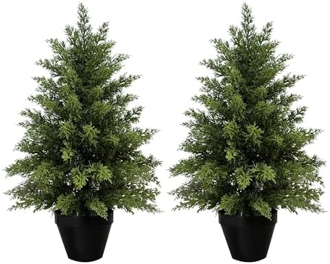 Mavis's Diary 2ft Artificial Cedar Topiary Tree, Set of 2 Realistic Faux Evergreen Shrub Plant in Planter, Indoor Outdoor Fake Cedar Tree for Front Porch, Entryway, Office & Home Decor