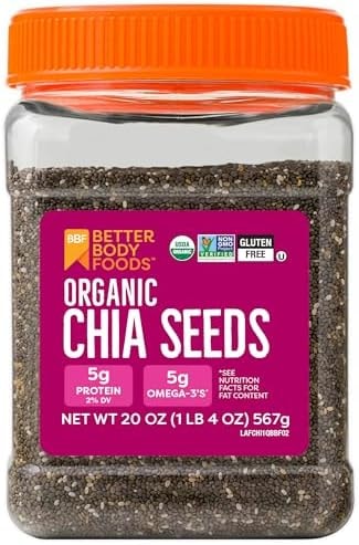 BetterBody Foods Organic Chia Seeds with Omega-3, Non-GMO, Gluten Free, Keto Diet Friendly, Vegan, Good Source of Fiber, Add to Smoothies, 1.25lb