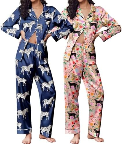 Ekouaer 2 Pack Pajamas for Women Set Silk Lounge Sets Button Up Pj Sets