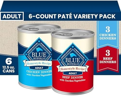 Blue Buffalo Homestyle Recipe Wet Dog Food Paté Variety Pack, Chicken Dinner & Beef Dinner with Garden Vegetables, Made with Natural Ingredients, 12.5-oz. Can (6 Count, 3 of Each)