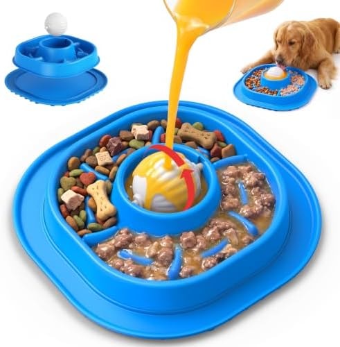 2-in-1 Slow Feeder Dog Bowl with Rolling Ball, Interactive Lick Bowl Toy for Dogs & Cats, Anti-Gulp Maze Feeder with Suction Base for Wet Food, Bone Broth & Treats, Anxiety Relief Enrichment Toy-Blue