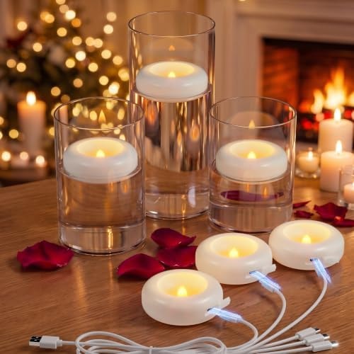 3"WhiteRechargeableFlamelessFloatingCandles,WaterActivated6Pcs