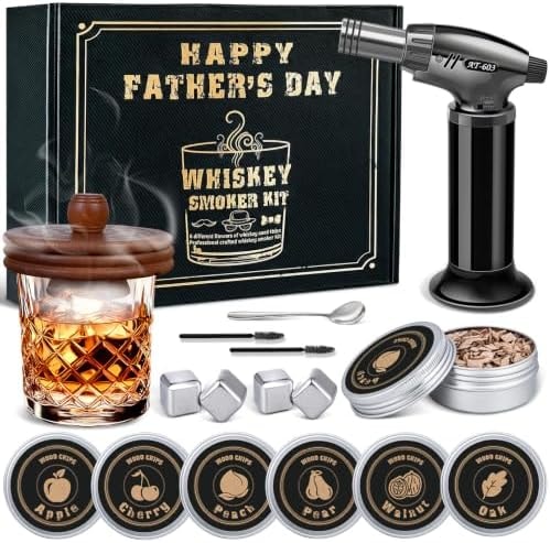 Whiskey Smoker Kit with Torch- 6 Wood Chip Flavors, 4 stainless steel ice cubes - Cocktail Smoker Infuser Kit for Bourbon & Old Fashioned, Birthday Whiskey Gifts for Men, Dad(No Butane, No Glass)