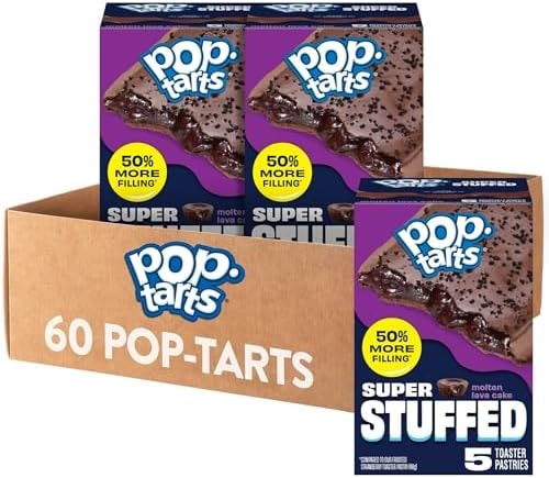 Pop-Tarts Super Stuffed Molten Lava Cake Toaster Pastries, 50% More Filling, Snacks, Dessert (12 Boxes, 60 Pop-Tarts)