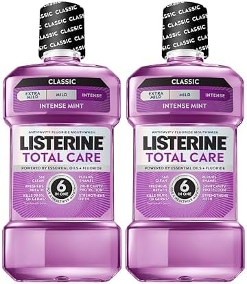Listerine Mouthwash Total Care Anti Cavity Treatment for Adults Kills 99.9% of Bad Breath Germs in Intense Mint Antibacterial Fluoride Mouthwash, 2 pack of 33.8 fl oz