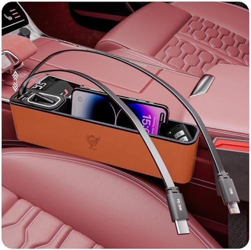 FlexTurtle Car Seat Gap Filler Organizer with 69W Retractable Car Charger & Bluetooth Earpiece for Driving Calls, Car Accessories with Trucker Headset, Fits Sedans, SUVs, Pickup Trucks & Crossovers