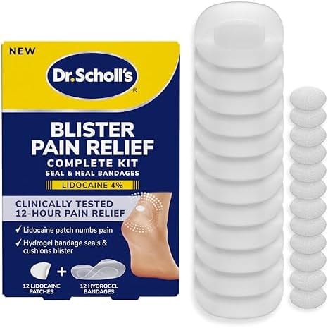 Dr. Scholl’s Blister Pain Relief Complete Kit, 12 ct - The Only Blister Treatment with an Active Pain Reliever, Seal & Heal Bandages with Hydrogel Technology, Blister Pads, 4% Lidocaine to Numb Pain