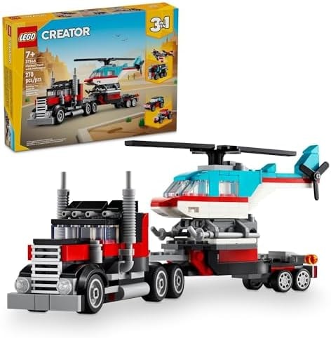 LEGO Creator 3 in 1 Flatbed Truck with Helicopter Toy, Transforms from Flatbed Truck Toy to Propeller Plane to Hot Rod and SUV Car Toys, Gift Idea for Boys and Girls Ages 7 Years Old and Up,Pack of 4