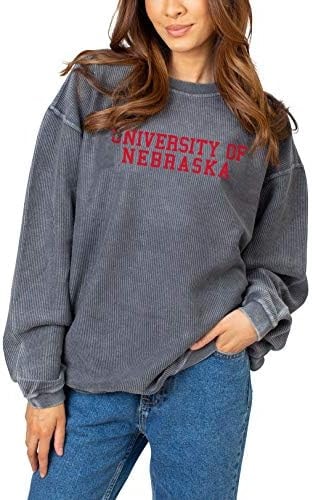 chicka-d NCAA Nebraska Cornhuskers Womens Corded Crew Pullover Sweatshirt, Charcoal, Medium (443_NC_CB)