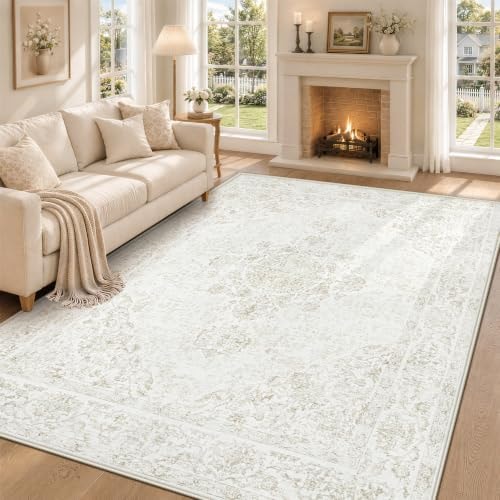 pmtsns 5x7 Area Rugs for Living Room Vintage Washable Rug Soft Non-Slip Stain Resistant Medallion Distressed Rugs Indoor Retro Carpet for Bedroom Dining Room Nursery Playroom Office(Beige, 5'x7')