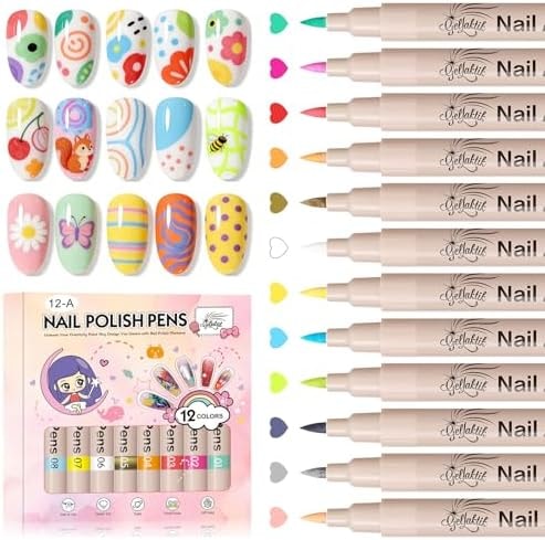 GELLAKTIK 12 Colors Nail Art Pens Set, 3D Nail Polish Pens, Quick-Drying Acrylic Paint Markers, 0.7mm Dotting Painting Liner Brush for DIY Nail Design, Home & Salon Manicure Tools