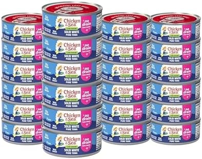 Chicken of the Sea Wild Caught Low Sodium Solid White Pure Albacore, No Drain, 4 oz Cans, 24-Count – High Protein 100% Classic Tuna in No Drain Can for Less Mess – Nutritious Ready to Eat Meals