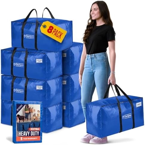 ClearSpace Heavy Duty Moving Bags or Storage Bins with Lids, Blue, 8 Pack
